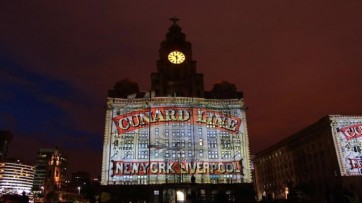 Cunard advert projected onto Liver Building